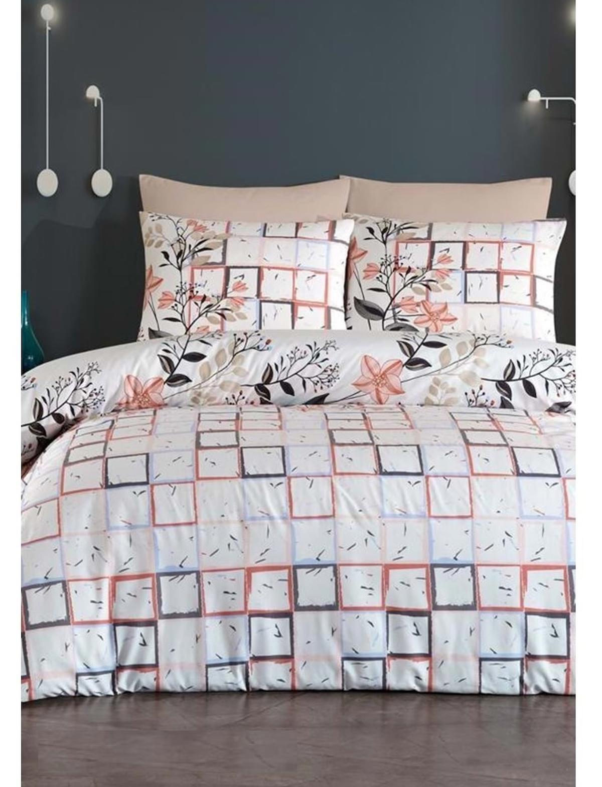 Jolly Kapitone Pamuk-Polyester 160x220 cm Çarşafsız Geometrik Çiçekli Tek Kişilik Nevresim Takımı Somon