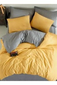 Sedali Home Çift Taraflı Pamuk-Polyester 230x160 cm Lastikli Çarşaflı Düz Tek Kişilik Nevresim Takımı Sarı-Gri