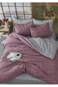 Sedali Home Çift Taraflı Pamuk 230x160 cm Lastikli Çarşaflı Düz Tek Kişilik Nevresim Takımı Gri-Pembe