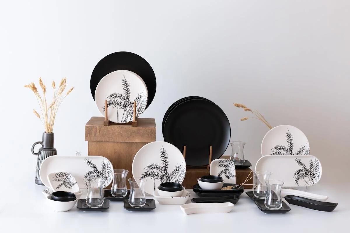 Keramika Mat Başak 42 Parça 6 Kişilik Beyaz - Siyah Desenli Stoneware Kahvaltı Takımı