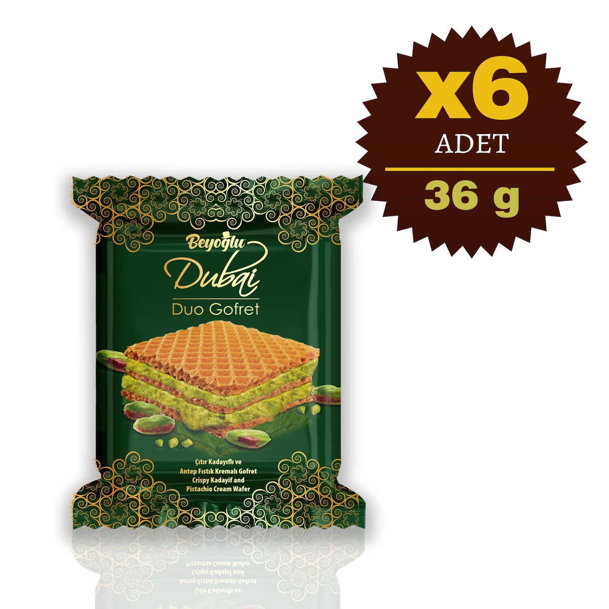 Beyoğlu Dubai Duo Antep Fıstığı Kremalı Gofret 6x36 gr