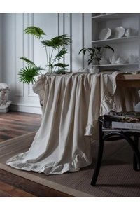 Tuncay Tekstil Fırfırlı Keten 130x130 cm Kare Masa Örtüsü Bej