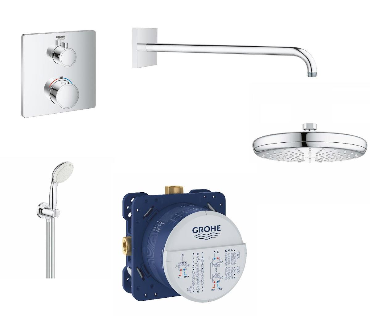 Grohe Termostatik Yağmurlama Sürgülü Mafsallı Ankastre Duş Seti