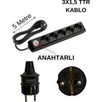 Avarson 3500 W Kalın Topraklı Anahtarlı 5'li 5 m Uzatma Kablosu Siyah