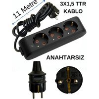 Avarson 3500 W Kalın Topraklı 3'lü 11 m Uzatma Kablosu Siyah