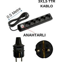 Avarson 3500 W Kalın Topraklı Anahtarlı 5'li 0.5 m Uzatma Kablosu Siyah