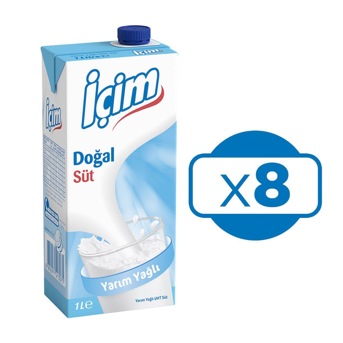 İçim Yarım Yağlı Laktozlu Sade İnek Süt 8x1 lt