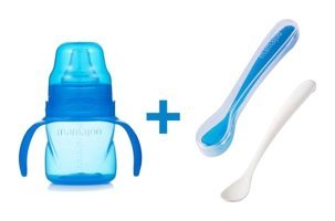 Mamajoo Akıtmaz Kulplu 6+ Ay 160 ml Alıştırma Bardağı Mavi + İkili Beslenme Kaşığı