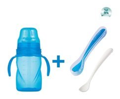 Mamajoo Akıtmaz Kulplu 6+ Ay 270 ml Alıştırma Bardağı Mavi + İkili Beslenme Kaşığı