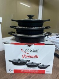 Maas Pırlanta 6 Parça Cam Kapaklı Bakalit Saplı Döküm Tava Seti