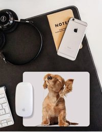WuW Müzik Dinleyen Köpek 22x18 cm S Mousepad Beyaz-Sarı