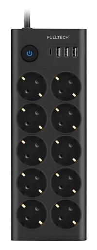 Fulltech 3680 W Kalın Anahtarlı Akım Korumalı 10'lu 1.4 m USB Uzatma Kablosu Siyah
