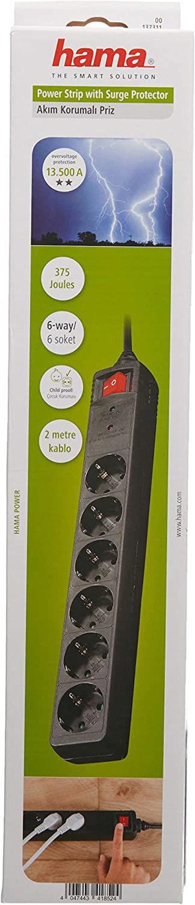 Hama Anahtarlı 6'lı 2 m Uzatma Kablosu Siyah