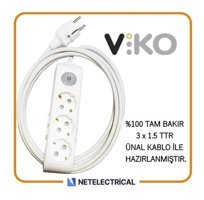 Viko Multi Let Topraklı Anahtarlı Akım Korumalı 3'lü 15 m Grup Priz Beyaz