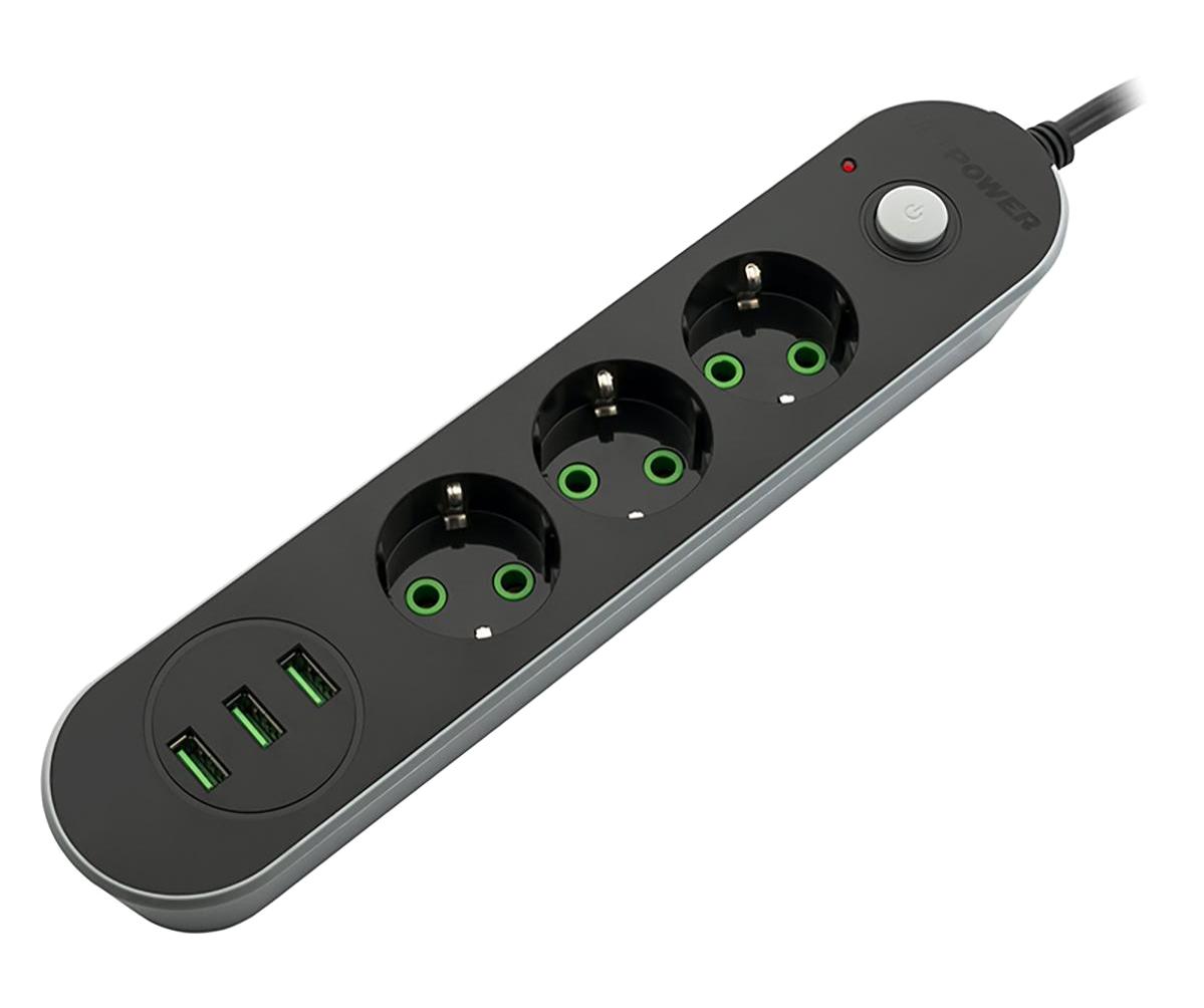 Mf Product 0366 Akım Korumalı 3'lü 2 m USB Grup Priz Siyah