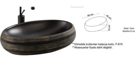 Lena E-9052 Dekoratif Tekli 60 cm Porselen Tezgah Üstü Dikdörtgen Lavabo Antrasit
