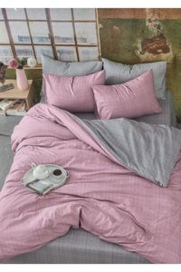 Sedali Home Pamuk 4 Mevsim 200x220 cm Çarşaflı Çizgili Çift Kişilik Nevresim Takımı Gri-Pembe