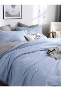 Sedali Home Pamuk 4 Mevsim 200x220 cm Çarşaflı Lastikli Düz Çift Kişilik Nevresim Takımı Gri-Mavi