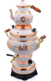 Eriza İşlemeli 1000 W 4 lt Bakır Tek Demlikli Tek Musluklu Bakır Elektrikli Semaver Beyaz
