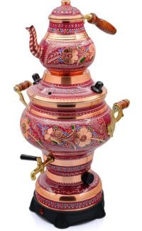 Eriza İşlemeli 1000 W 4 lt Bakır Tek Demlikli Tek Musluklu Bakır Elektrikli Semaver Lila
