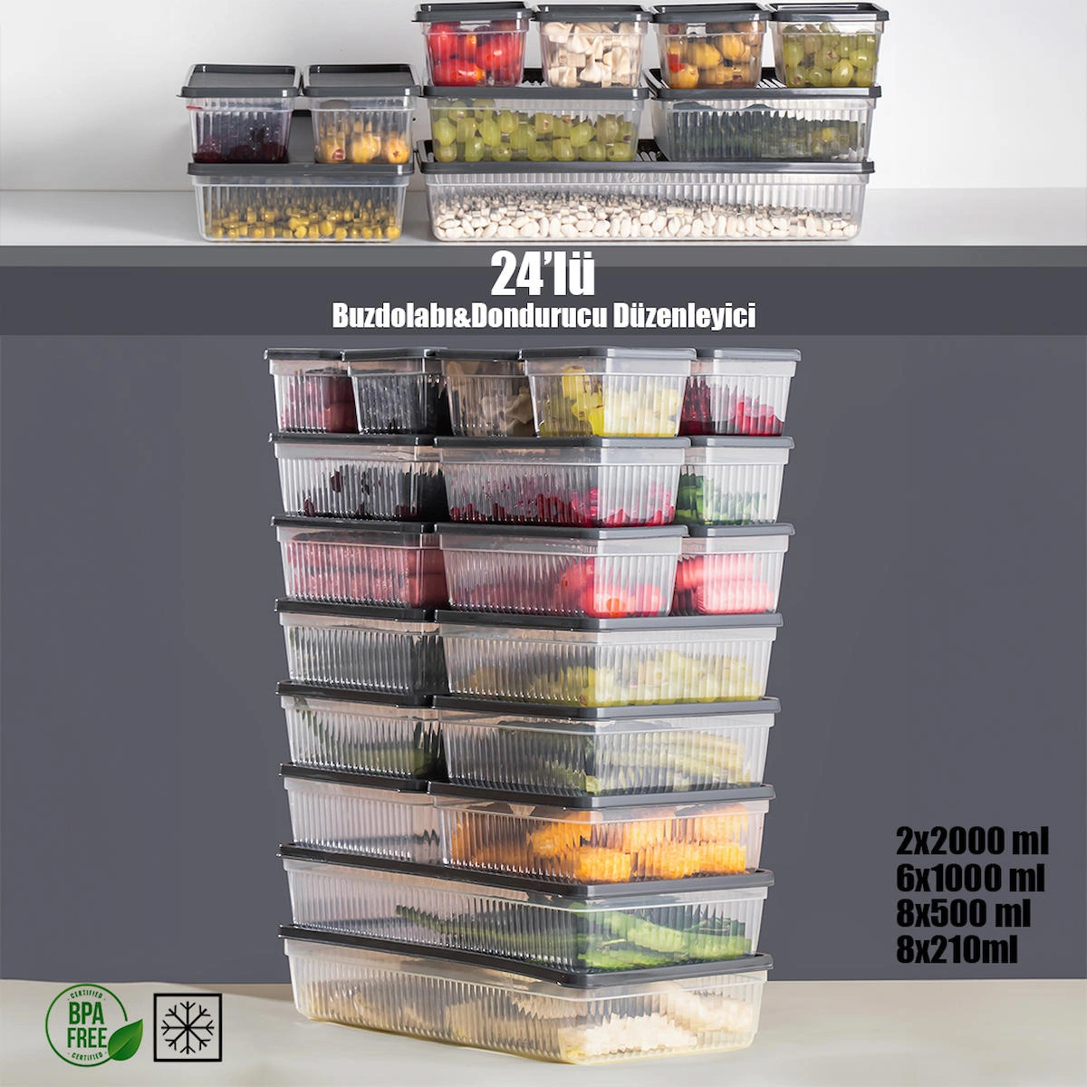 Porsima Set Dikdörtgen-Kare Plastik Saklama Kabı 24'lü Siyah