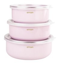 Emsan Pastel Pembe Yuvarlak Emaye Saklama Kabı 3x600 ml-800 ml-1 lt
