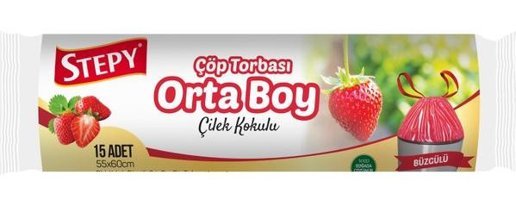 Stepy Çilek Kokulu Büzgülü Orta Boy 55x60 cm Çöp Poşeti 15 Adet Kırmızı