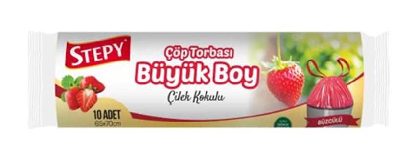 Stepy Çilek Kokulu Büzgülü Büyük Boy 65x70 cm Çöp Poşeti 10 Adet Kırmızı