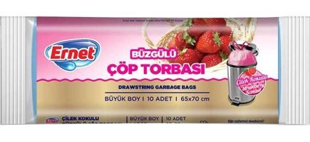 Ernet Çilek Kokulu Büzgülü Büyük Boy 65x70 cm Çöp Poşeti 10 Adet Pembe