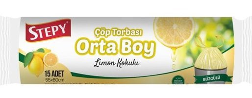 Stepy Limon Kokulu Şeffaf Büzgülü Orta Boy 55x60 cm Çöp Poşeti 15 Adet Sarı