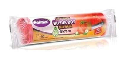 Polmix Çilek Kokulu Büzgülü Büyük Boy 65x70 cm Çöp Poşeti 10 Adet Kırmızı
