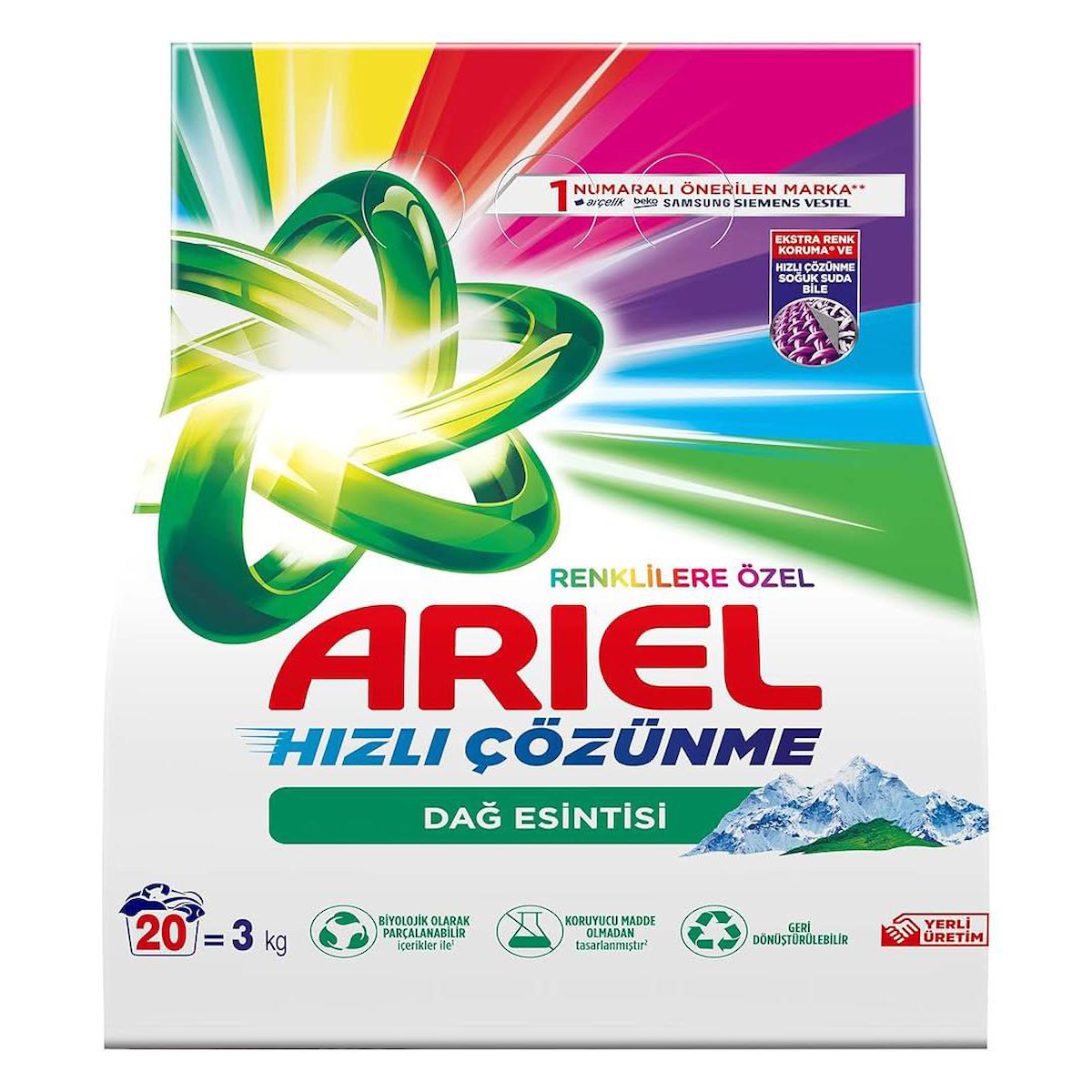 Ariel Hızlı Çözünme Dağ Esintisi Renkliler İçin 20 Yıkama Toz Deterjan 3 kg