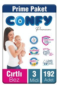 Confy Premium Midi 3 Numara Cırtlı Bebek Bezi 192 Adet