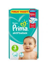 Prima Aktif Bebek 2-3 Numara Cırtlı Bebek Bezi 62 Adet + 2 Numara 58 Adet + 2 Numara 58 Adet