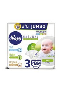 Sleepy Natural Ultra Hassas 3 Numara Organik Cırtlı Bebek Bezi 136 Adet