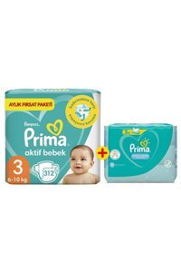 Prima Aktif Bebek 3 Numara Cırtlı Bebek Bezi 312 Adet + Temiz ve Ferah Islak Havlu 156'lı