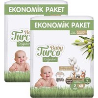 Baby Turco Doğadan 2 Numara Göbek Oyuntulu Bantlı Bebek Bezi 2x68 Adet