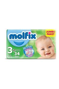 Molfix 3D Midi 3 Numara Göbek Oyuntulu Bantlı Bebek Bezi 34 Adet