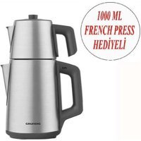 Camlı Çay Demliği ve Makinesi, 1000 Ml, Şık Gri Renkli Set - Altın - Gri