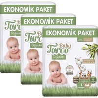 Baby Turco Doğadan Ekonomik Yenidoğan 1 Numara Göbek Oyuntulu Bantlı Bebek Bezi 3x64 Adet