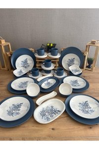 Keramika Blue Magic Desenli 37 Parça 6 Kişilik Seramik Kahvaltı Takımı Beyaz-Mavi