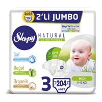 Sleepy Natural Ultra Hassas Midi 3 Numara Organik Cırtlı Bebek Bezi 3x68 Adet