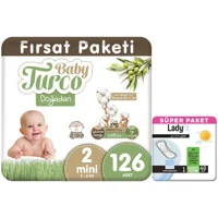 Baby Turco Doğadan Mini 2 Numara Cırtlı Bebek Bezi 126 Adet + Günlük Ped Normal 40 Adet