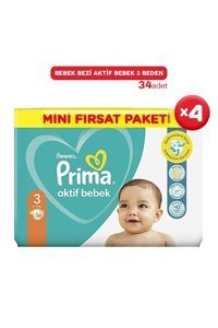Prima Aktif Bebek 3 Numara Cırtlı Bebek Bezi 4x34 Adet