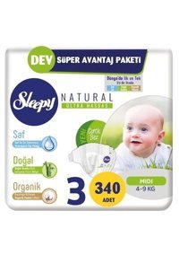 Sleepy Natural Ultra Hassas 3 Numara Organik Göbek Oyuntulu Cırtlı Bebek Bezi 340 Adet