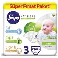 Sleepy Natural Ultra Hassas Midi 3 Numara Organik Cırtlı Bebek Bezi 170 Adet