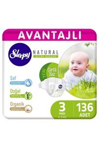 Sleepy Natural Midi 3 Numara Organik Cırtlı Bebek Bezi 136 Adet