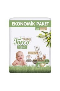 Baby Turco Doğadan 2 Numara Göbek Oyuntulu Bantlı Bebek Bezi 136 Adet