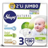 Sleepy Natural Ultra Hassas Midi 3 Numara Organik Cırtlı Bebek Bezi 136 Adet