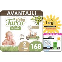 Baby Turco Doğadan 2 Numara Göbek Oyuntulu Bantlı Bebek Bezi 168 Adet